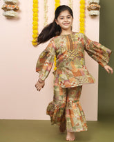 inner royalty with moss green printed sharara. Laad's exquisite set boasts a flared silhouette & delicate gotta patti work. Soft lining for comfort.by laadindia.com